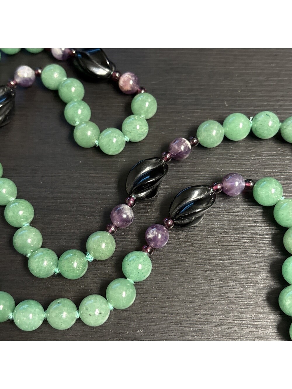 Vintage Green Aventurine , Purple Amethyst & Onyx 28” Beaded Necklace Hand Knots